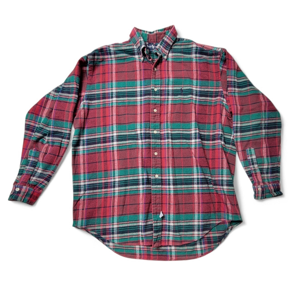VTG Ralph Lauren Flannel Shirt Men's Large Red Green Plaid Button Down Outdoors